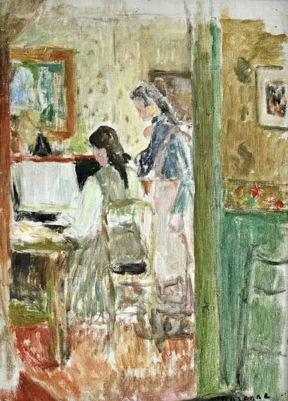 Young woman, facing left, playing a piano while another looks on. Interior with three paintings on the wall in background.