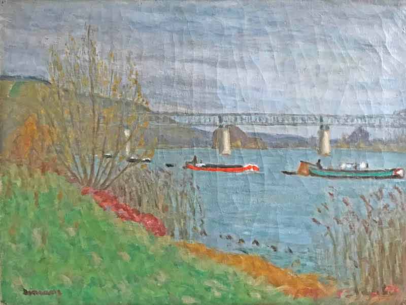 A red and a blue boat navigating the river Seine with a bridge in the distance beneath a cloudy sky. Grass and foliage to foreground.
