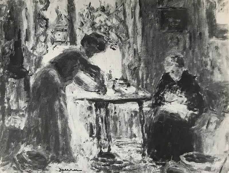 Seated woman to right of painting sewing whilst standing woman attends to table to the left.