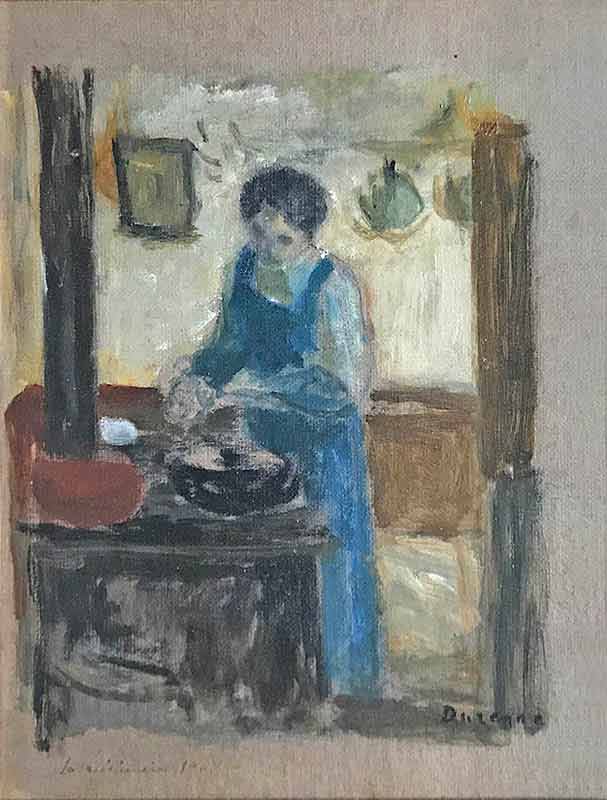 Woman in blue dress tending to stove in kitchen.