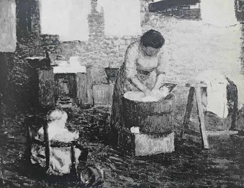 The painting shows a woman washing clothes in a tub, centre, facing right. To the bottom left a toddler looks on. To the right stands a rustic table with clothing.