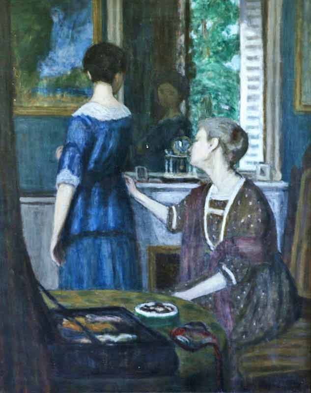Woman in blue dress in front of mirror with another in purple dress to foreground sat at table. Painting on wall to left and reflection of woman and window in mirror.