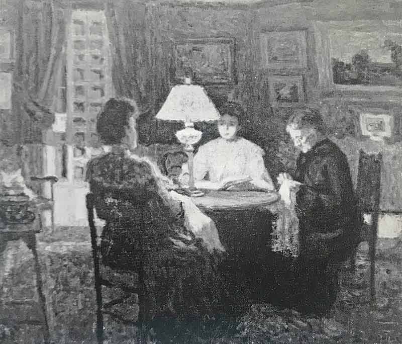 The painting shows a group of three women at a table. The older woman to the right and the woman in the foreground are sewing. The far woman is reading a book. A lamp on the table provides light.