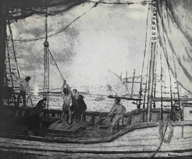 Seven sailors on the deck of a boat - three attending to a pulley.