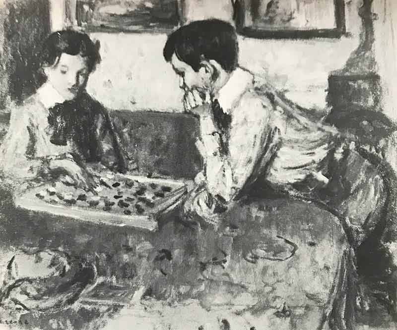 Young woman and boy playing draughts on a table. Boy is leaning across the table from the left whilst the young woman is making her move in the game.