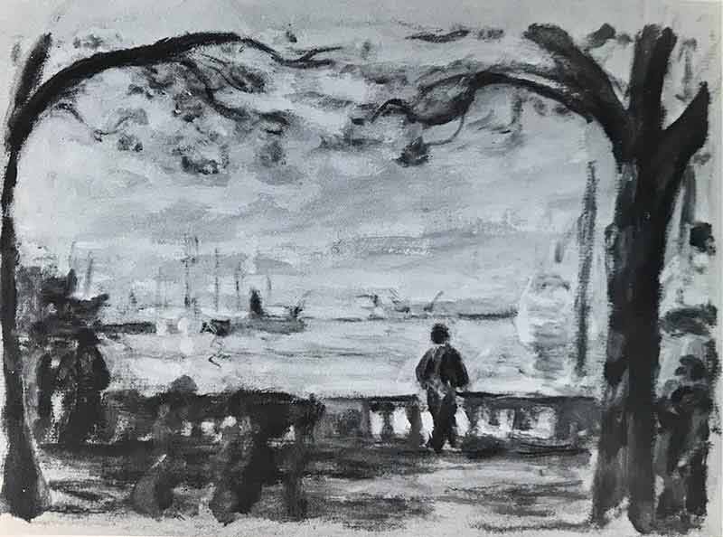 View of the port inbetween to trees to left and right of painting. Figure on terrace looking out to sea  with sailing boats.