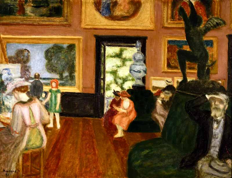 Interior scene of a museum with figures and large sculpture to right. Paintings and doorway on far wall. Seated woman and girl in green dress to left.