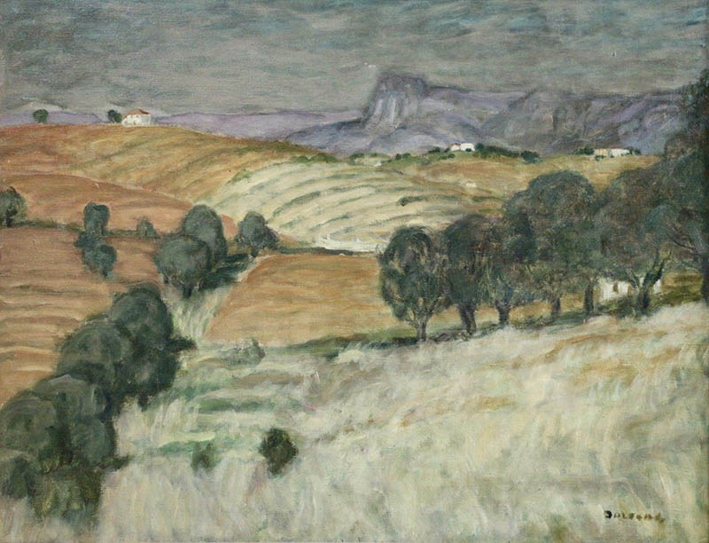 Landscape painting of fields and rows of trees with mountains in the distance. Saint-Jeannet is a mountain outside of Nice in the South of France.