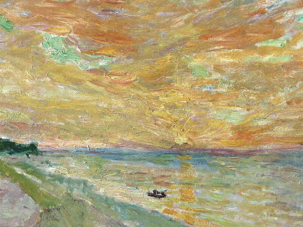 Boat on the ocean with orange sky reflected in the water painted in a post-impressionist style.