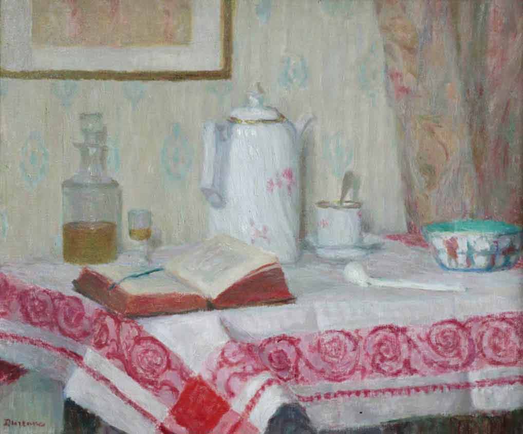 Table with teapot and cup, bowl, decanter and glass, pipe and book on a red and white tablecloth.