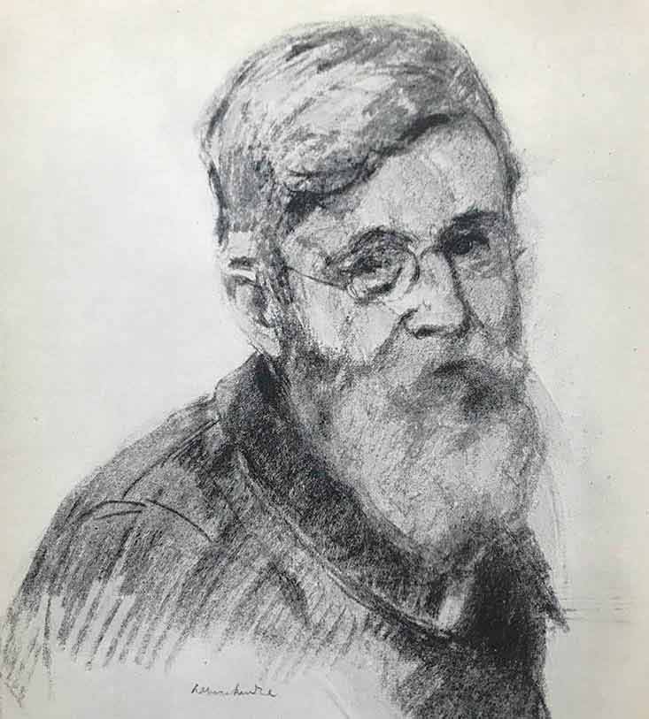 Charcoal portrait of the artist with beard and moustache and wearing spectacles..